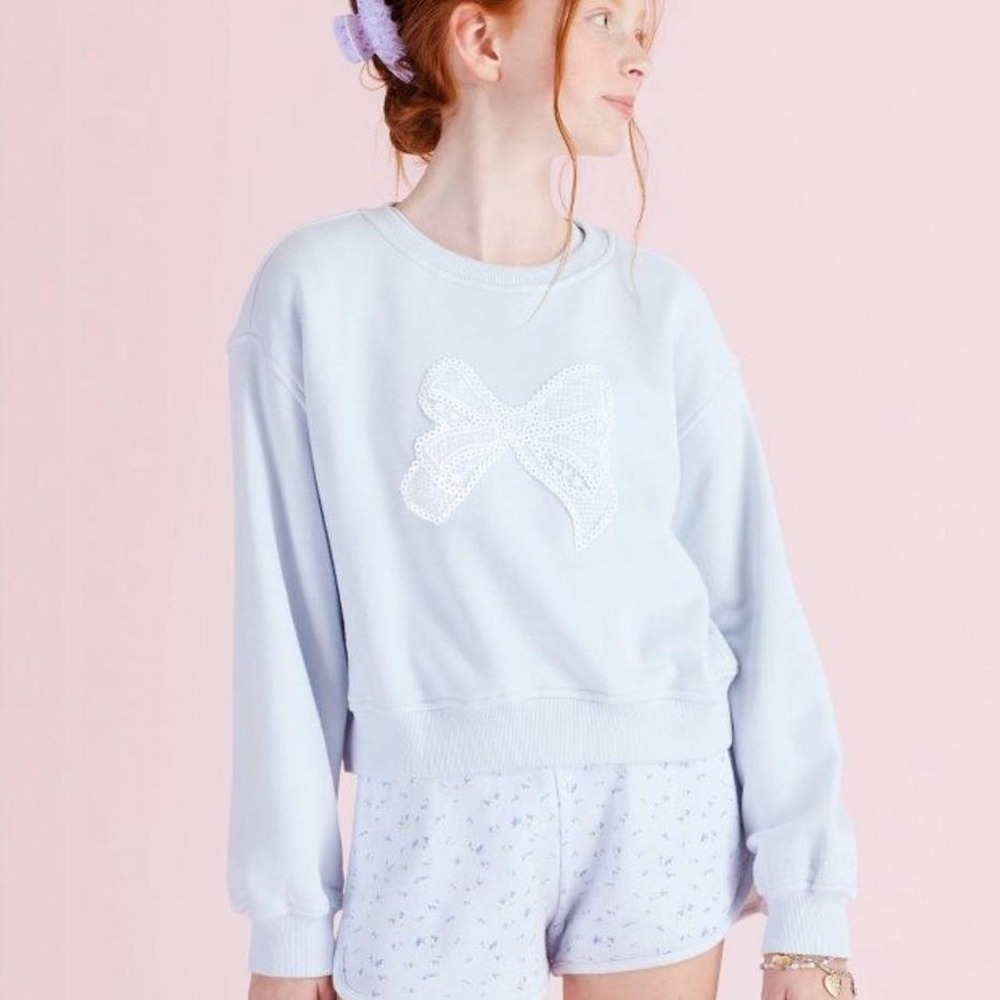 LoveShackFancy light blue sweatshirt white lace bow kids / girls youth small